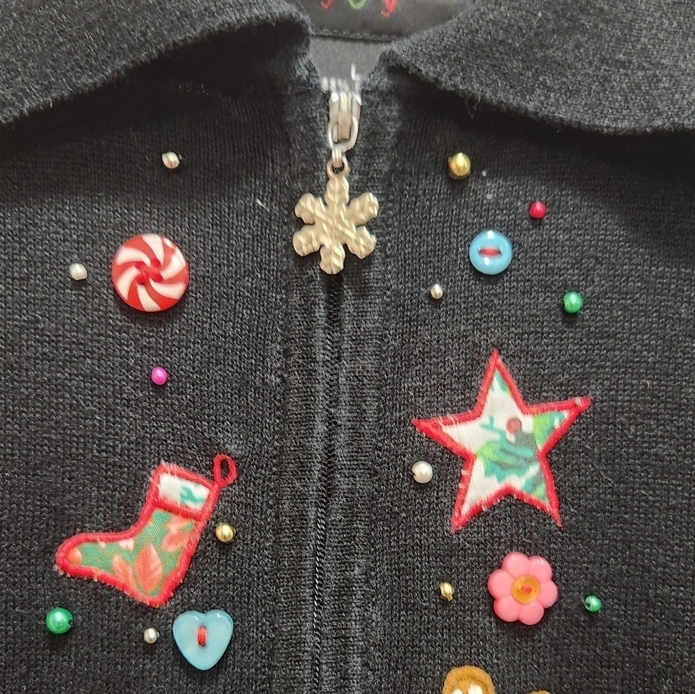 Vintage Christmas Zip-Up Vest Size L Black with Embellished Details Grandmacore - Picture 4 of 7